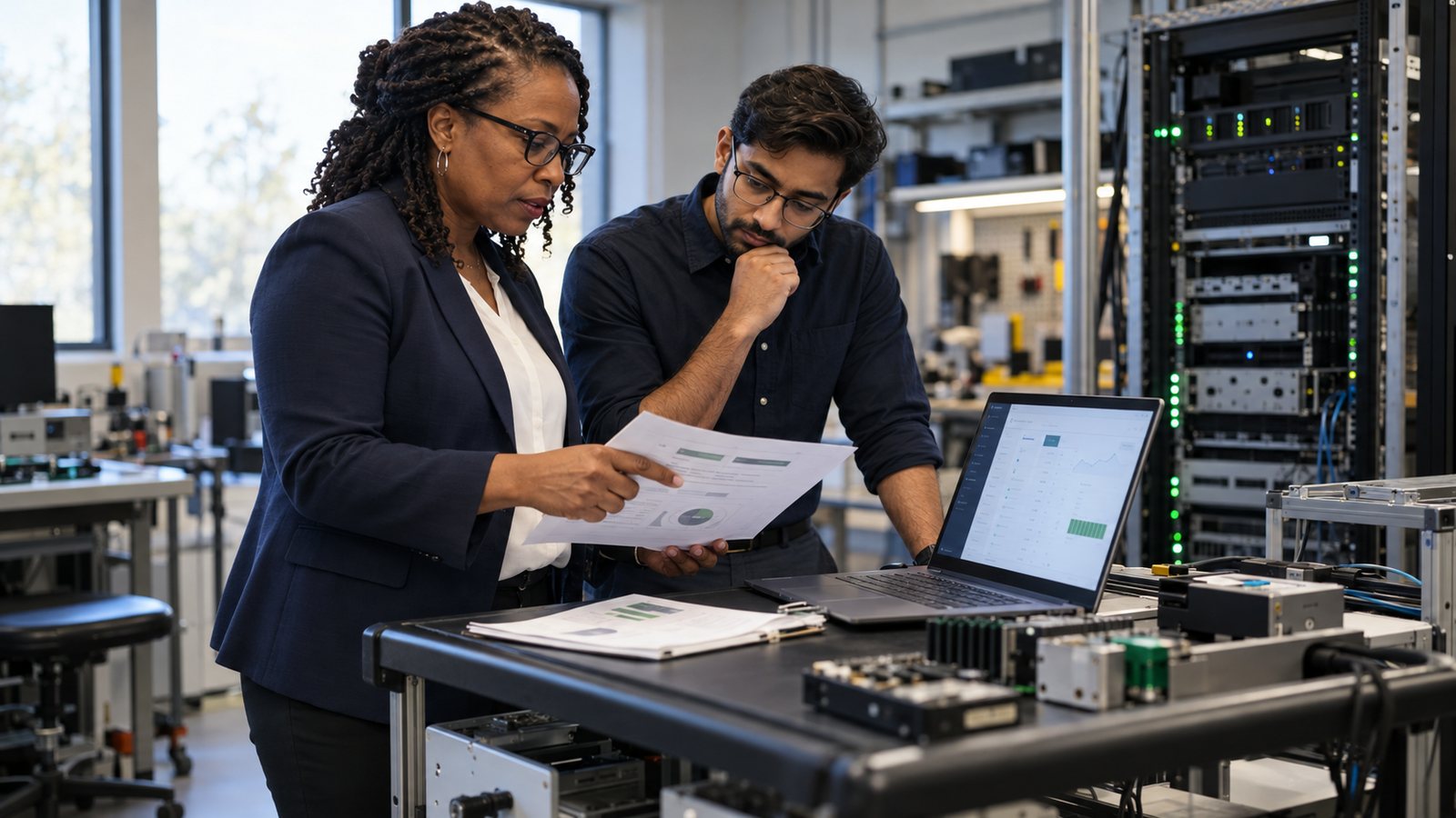 Revenue operations director and SEO consultant connecting B2B SaaS search demand with product and sales data in a technology lab