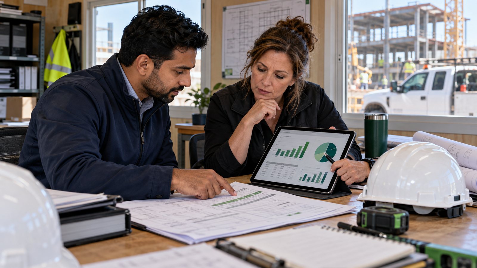 Paid search consultant and construction company owner reviewing a Google Ads lead generation budget at an active job site