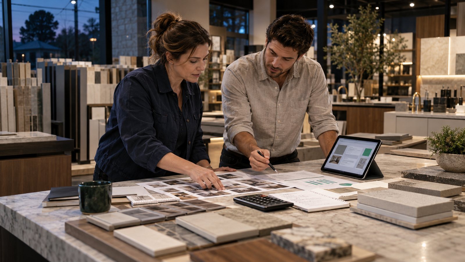 Small business owner and paid social consultant planning a Meta Ads lead generation budget in a home renovation showroom