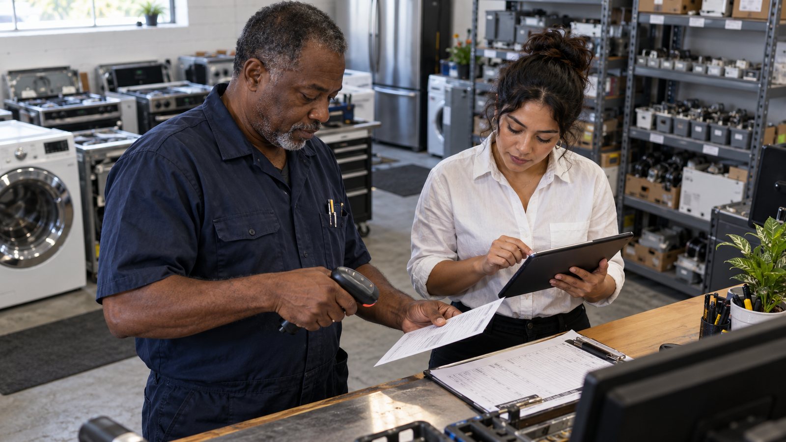 Repair business owner scanning a completed job ticket while an operations analyst records the customer outcome on a tablet