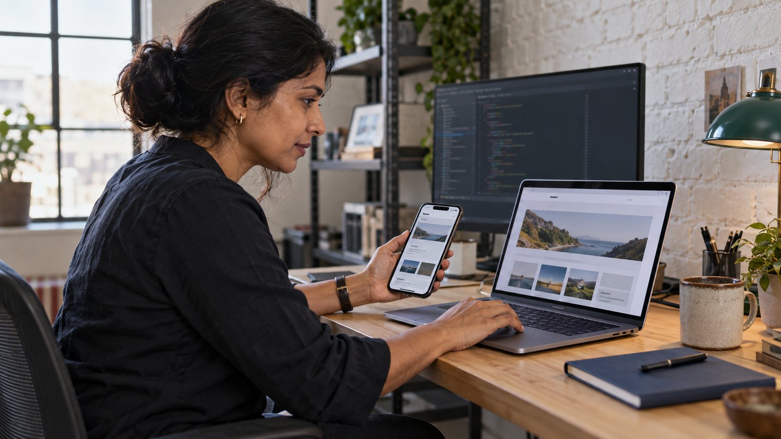 Web developer testing a redesigned website on a smartphone and laptop at an industrial studio workstation